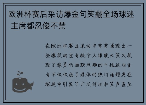 欧洲杯赛后采访爆金句笑翻全场球迷 主席都忍俊不禁 欧洲杯赛后采访爆金句笑翻全场球迷 主席都忍俊不禁
