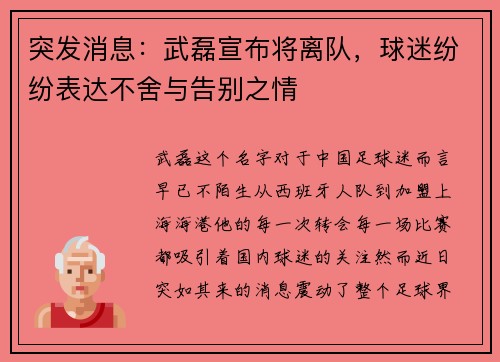 突发消息：武磊宣布将离队，球迷纷纷表达不舍与告别之情