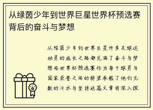 从绿茵少年到世界巨星世界杯预选赛背后的奋斗与梦想