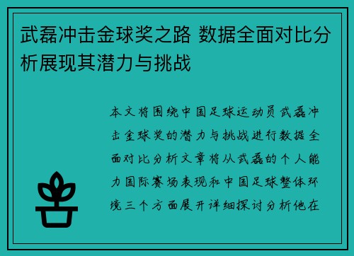 武磊冲击金球奖之路 数据全面对比分析展现其潜力与挑战