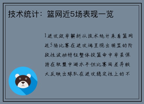 技术统计：篮网近5场表现一览